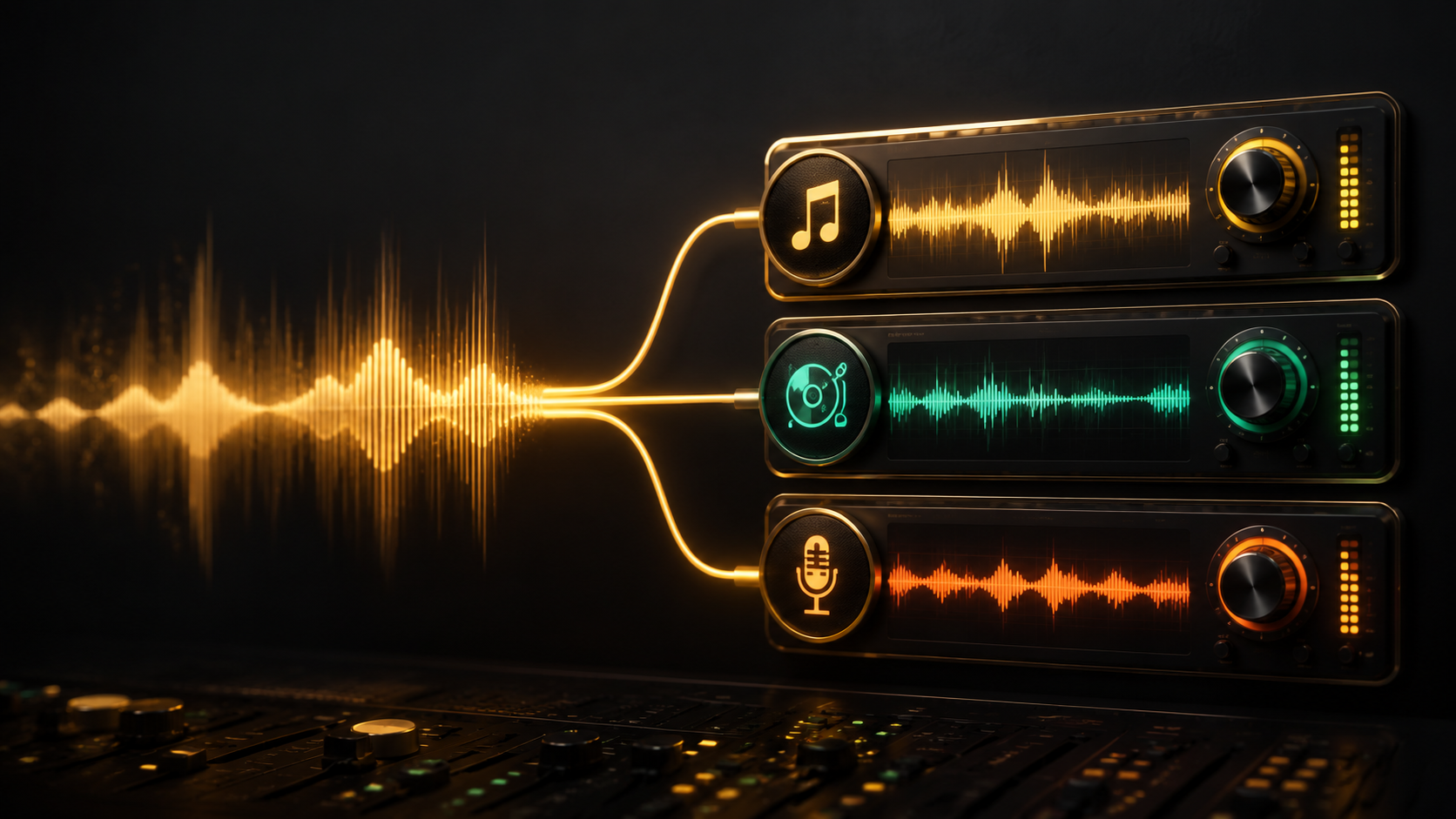 AI voice waveform flowing into jingle, DJ drop, and radio production outputs